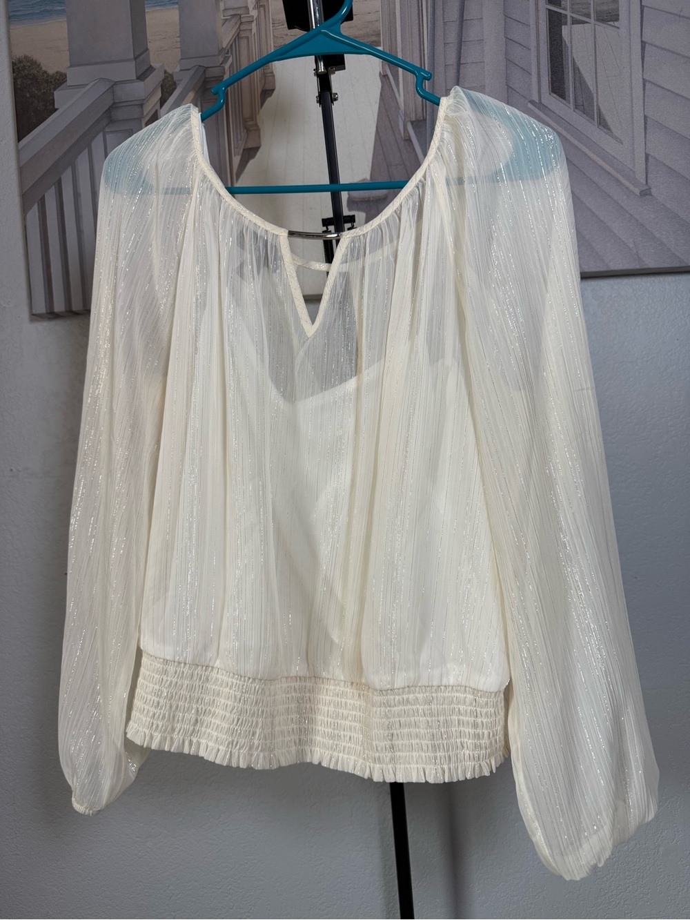 BCX Ivory Sheer Peasant Blouse with Smocked Hem